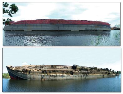Image of DBL 152 before and after up-righting of the vessel